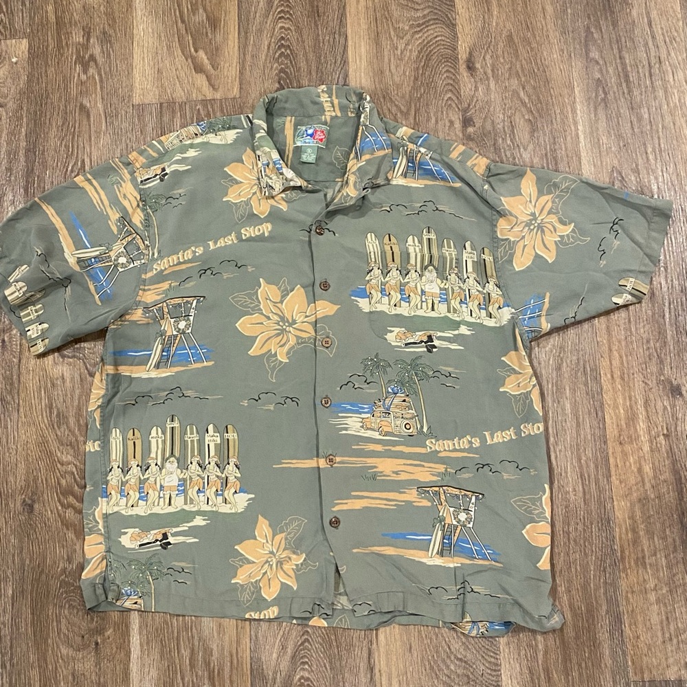 Hilo Hattie Men's Shirt Santa's Last Stop Silk XL Christmas Hawaiian